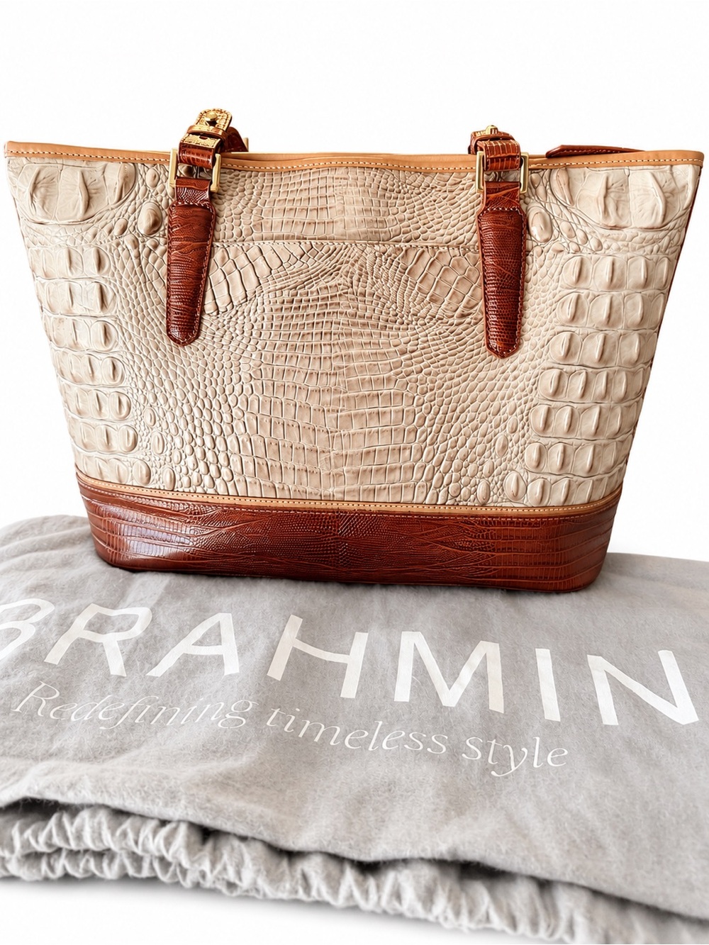 BRAHMIN Croc Embossed Tote Bag – Beige/Brown Colorblock - Picture 2 of 10